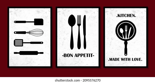 Kitchen Related Poster Set. Made With Love. Bon Appetit. İllustration.