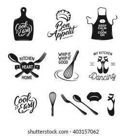 Kitchen related typography set. Quotes about cooking. Cook it easy. Bon appetit. Whip it good. My kitchen is for dancing. Vintage vector illustration.