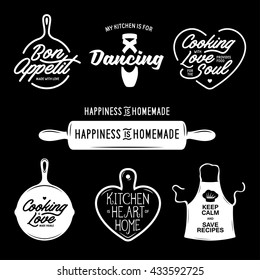 Kitchen related typography set. Quotes about cooking. Cooking wordings. Bon appetit. My kitchen is for dancing. Vintage vector illustration.