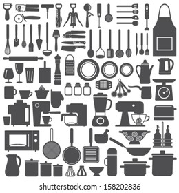 Kitchen Related Utensils And Appliances Silhouette Icons Vector Set