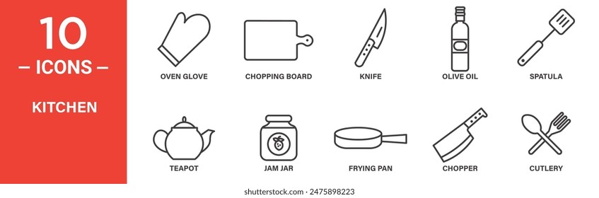 Kitchen related vector icon set includes oven glove, chopping board, knife, olive oil, spatula, teapot, jam jar, frying pan, chopper, cutlery, and more icons