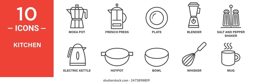 El conjunto de íconos de Vector relacionados con la cocina incluye olla de moka, prensa francesa, placa, licuadora, salero y pimienta, hervidor eléctrico, olla caliente, tazón, whisker, taza y más íconos