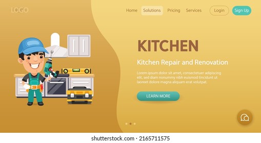 Kitchen Repair and Renovation website template. Illustration of a cartoon worker with tools. Composition with a professional. Flat male character.