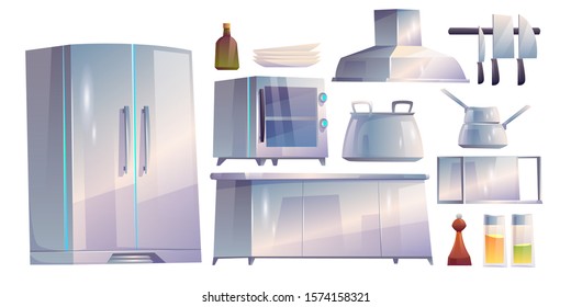 Kitchen restaurant appliances and furniture set. Table, oven, range hood, refrigerator metal utensil isolated on white background. Equipment for cooking, clip art elements. Cartoon vector illustration