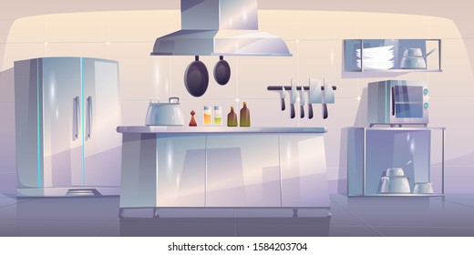 Kitchen in restaurant, empty interior with appliances for cooking and furniture table, oven, range hood, refrigerator and metal utensil. Canteen with technique, equipment. Cartoon vector illustration