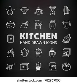 Kitchen, restaurant hand drawn doodle icons set on the chalkboard background.