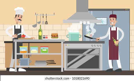Kitchen in restaurant. People cooking and preparing.