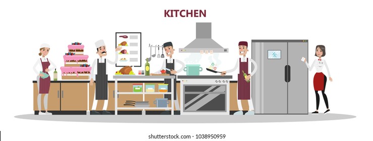 Kitchen in restaurant. People cooking and preparing on white.