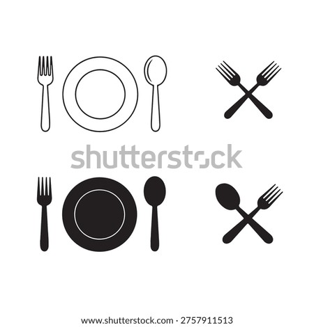  Kitchen and restaurant-themed vector graphics showing varied utensil arrangements. Useful for cafe logos, recipe blogs, or hospitality industry promotional materials.