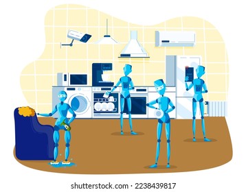 Kitchen robots for home robots cooking, cleaning, multitasking engineered for people assistance and convenience cartoon vector illustration.