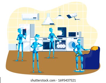 Kitchen robots for home household, robots cooking, cleaning, multitasking engineered for people assistance and convenience cartoon vector illustration. Robotic domestic intelligence help and care.