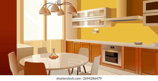 Kitchen Room Background Vector, Cartoon Modern Kitchen Illustration, Dinning Table, yellow, house kitchen, Vector Background