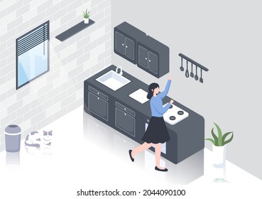 Kitchen Room Background Vector Illustration with Furniture, Equipment and Interiors Modern Style in Flat Design. Someone is Cooking Food