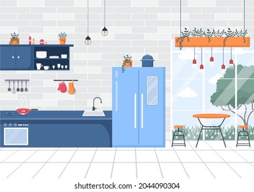 Kitchen Room Background Vector Illustration with Furniture, Equipment and Interiors Modern Style in Flat Design