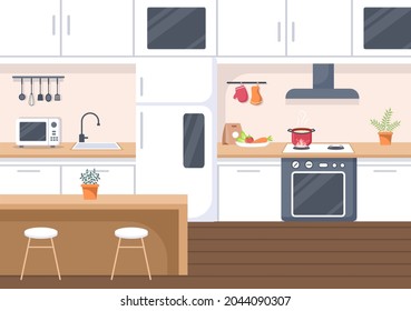 Vector de fondo de la cocina Ilustración con mobiliario, equipo e interiores de estilo moderno de diseño plano