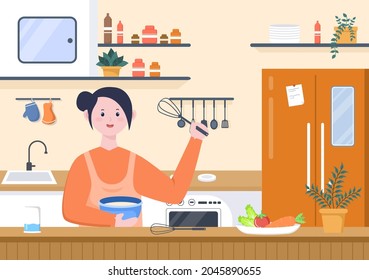 Vector de fondo de cocina Ilustración con mobiliario, equipo o interiores de estilo moderno de diseño plano y alguien está cocinando comida