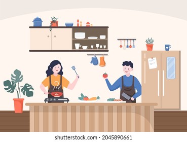 Vector de fondo de cocina Ilustración con mobiliario, equipo o interiores de estilo moderno de diseño plano y alguien está cocinando comida