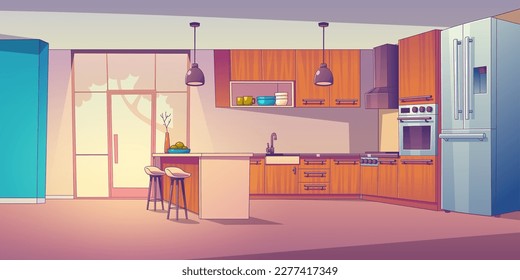 Kitchen room with bar table vector cartoon interior illustration background. Home furniture with fridge and stove near dining area. Modern light clean apartment equipment and kitchenware concept.