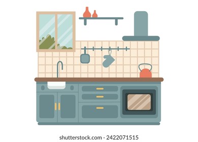 Kitchen room. Blue bedside tables, oven, sink, extractor hood. Window in the kitchen. Tiles on the wall
