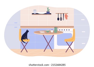 Kitchen room, breakfast on the table, a cat sitting on a chair. Daily routines and everyday activities concept. Flat cartoon vector illustration 