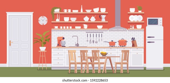 Kitchen room bright red interior, home zone with cabinet, vent hood, sink, cook top, and refrigerator. Functioning appliances, decoration, remodel inspiration. Vector flat style cartoon illustration