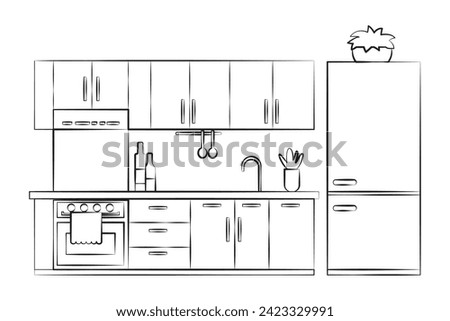 The kitchen of the room. Kitchen cabinets, faucet, refrigerator and stove. Flowerpots and bottles. Linear style.