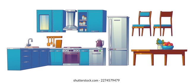 Kitchen room cartoon vector interior set with table and fridge. Isolated home dining furniture illustration on white background. Modern flat design with blue cupboard and cooking appliance kit.