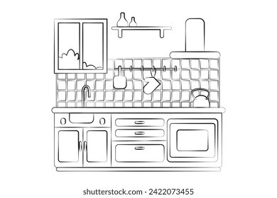 Kitchen room for coloring. Bedside tables, oven, sink, extractor hood. Window in the kitchen. Tiles on the wall. Linear style on a white background. 
