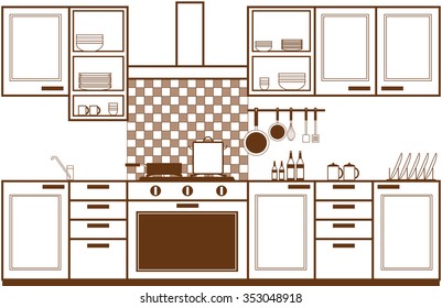 kitchen room with cupboards, oven and kitchenware with tiles background