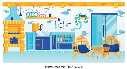 Kitchen Room Design in Summer Cottage Vector Illustration. Wooden House, Rural Brick Furnace, Kitchenware Equipment, Retro Style Chair Table. Vacation in Countryside, Forest Cabin, Villa