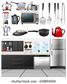 Kitchen room and different kitchen tools illustration