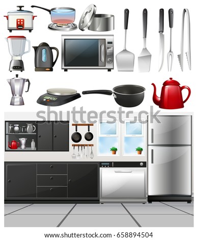 Kitchen room and different kitchen tools illustration