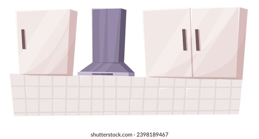 Kitchen room furniture cartoon vector interior illustration. Fridge, table and modern cooking equipment set for living in house. Vector illustration EPS10