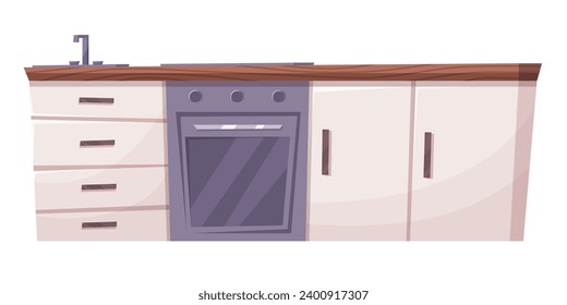 Kitchen room furniture cartoon vector interior illustration. Fridge, table and modern cooking equipment set for living in house. Vector illustration EPS10