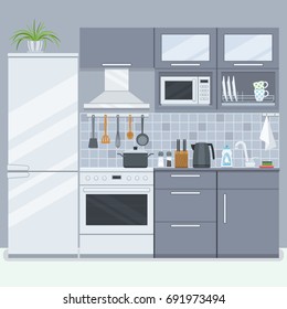 Kitchen room with furniture, refrigerator and stove. Home interior in flat style. Vector illustration