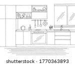 Kitchen room graphic black white home interior sketch illustration vector