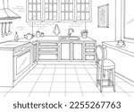 Kitchen room graphic black white home interior sketch illustration vector 