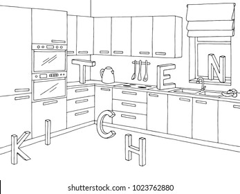 Kitchen room graphic black white interior sketch illustration vector