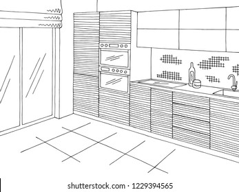 Kitchen room graphic black white home interior sketch illustration vector