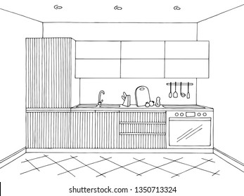 Kitchen room graphic black white home interior sketch illustration vector