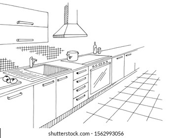 Kitchen room graphic black white home interior sketch illustration vector