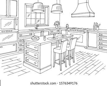 Kitchen room graphic black white home interior sketch illustration vector