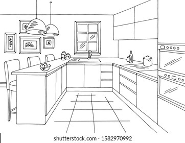 Kitchen room graphic black white home interior sketch illustration vector