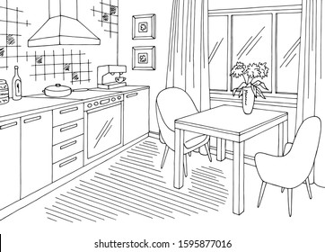 Kitchen room graphic black white home interior sketch illustration vector