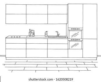 Kitchen room graphic black white home interior sketch illustration vector