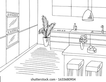 Kitchen room graphic black white home interior sketch illustration vector
