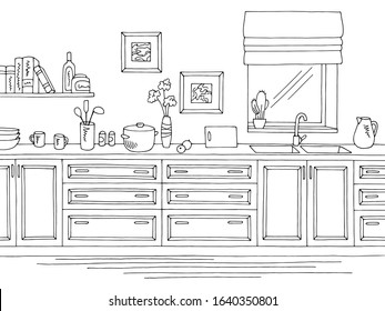 Kitchen room graphic black white home interior sketch illustration vector