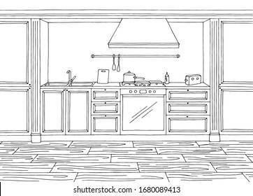 Kitchen room graphic black white home interior sketch illustration vector