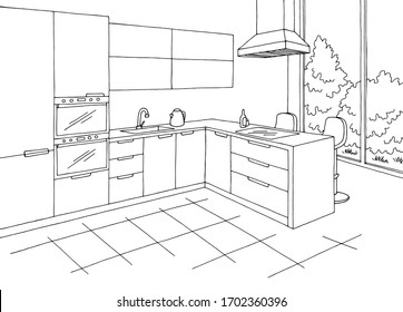 Sala de cocina gráfico blanco negro boceto interior ilustración vectorial