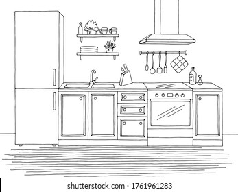 Kitchen room graphic black white home interior sketch illustration vector